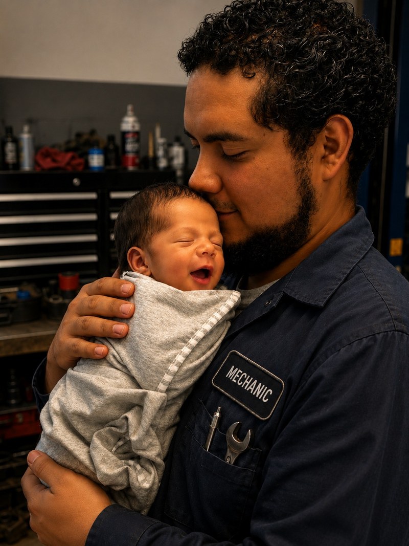 Un mecánico con camisa de trabajo azul y una llave en el bolsillo del pecho, cargando con ternura a su bebé recién nacido contra su pecho en el taller