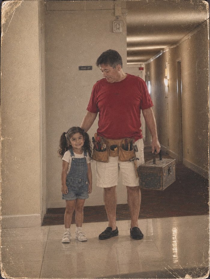 El papá de camisa roja con su cinturón de herramientas completo, cargando una caja de herramientas, junto a su hija pequeña con coletas y overol de mezclilla, en un pasillo
