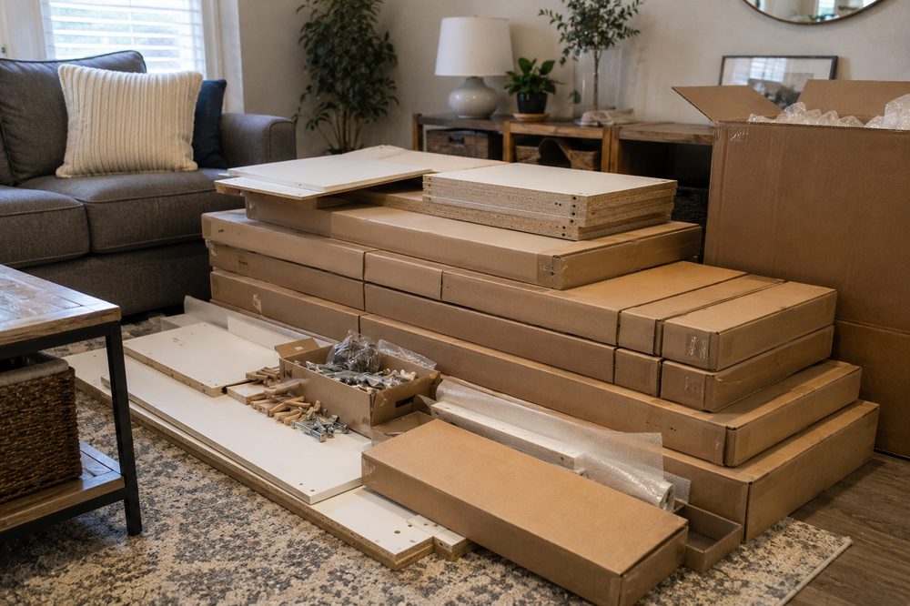 Cajas de muebles apiladas en la sala, antes del armado
