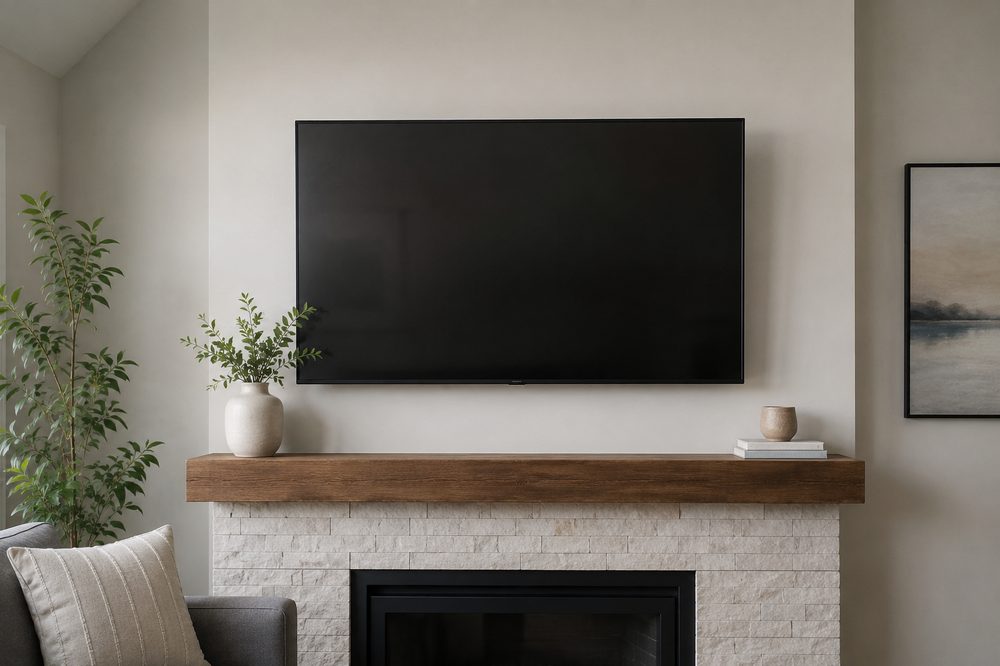 TV montada en la pared con cables ocultos, después de la instalación