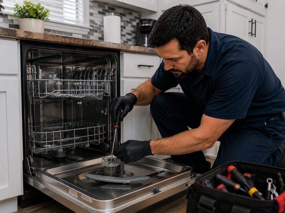 Técnico reparando un lavaplatos en una cocina