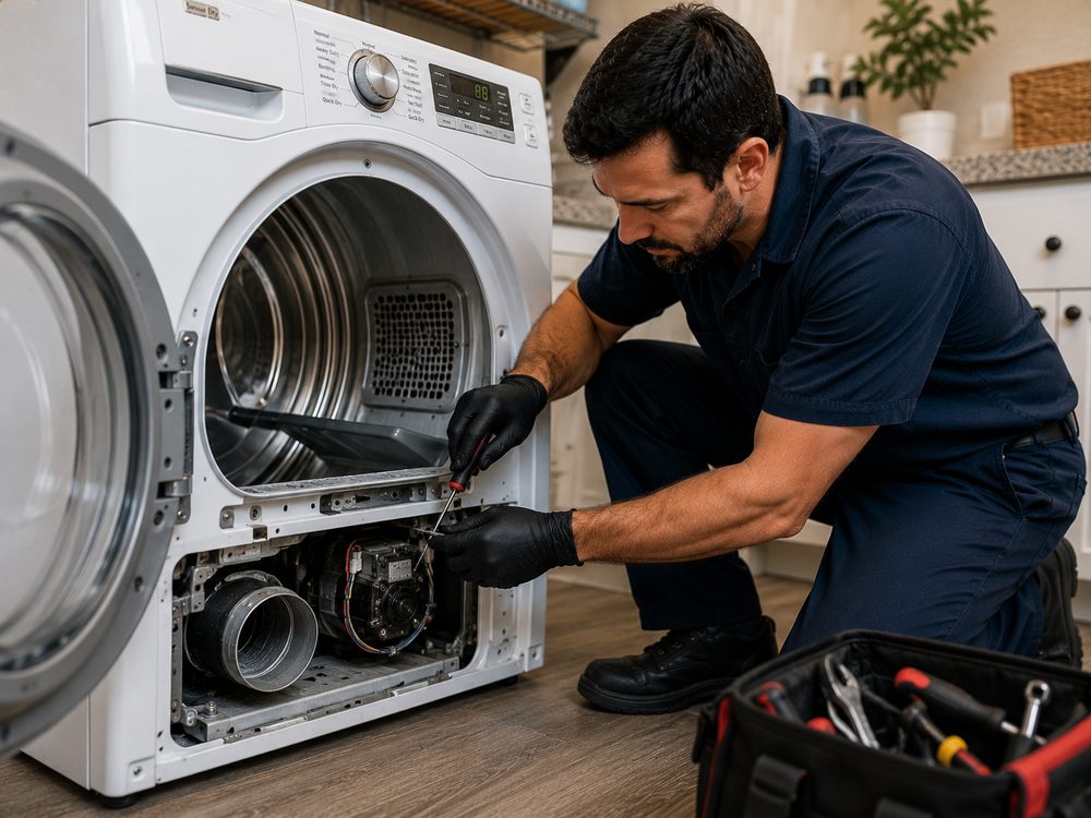 Técnico reparando una secadora