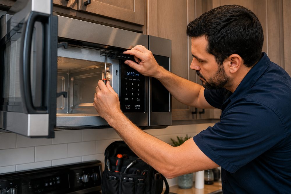 Técnico reparando un microondas