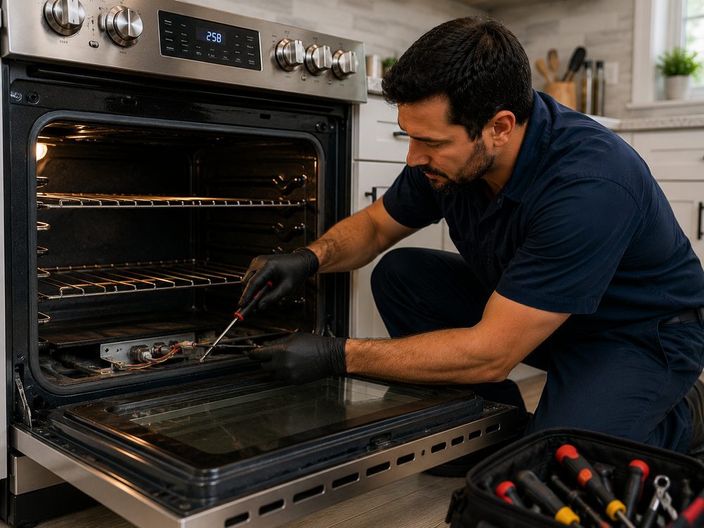 Técnico reparando un horno en una cocina moderna
