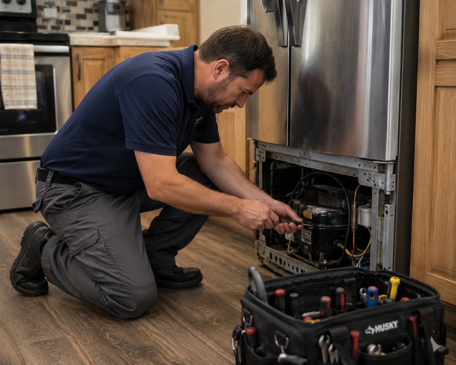 Técnico de reparación de electrodomésticos revisando el compresor de un refrigerador en una cocina