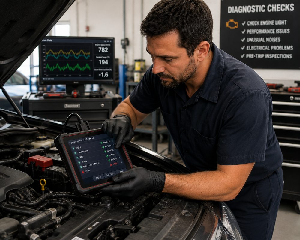 Mecánico haciendo un diagnóstico computarizado a un carro