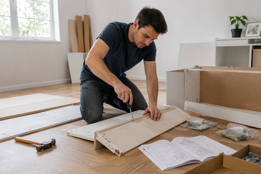 Técnico armando muebles en una sala