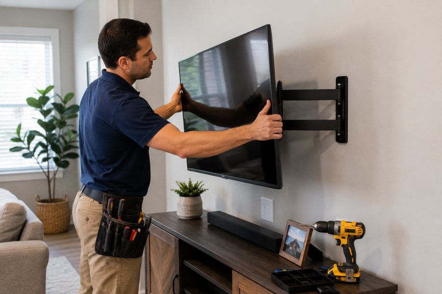 Técnico montando un televisor de pantalla plana en un soporte de pared